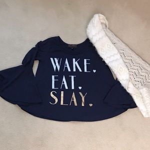 Wake, Eat, Slay Navy Blue Bell Sleeve Top